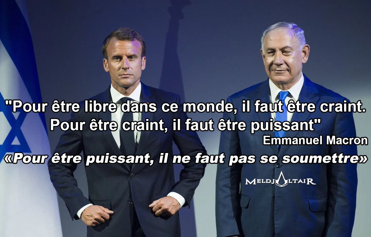 MeldjaAltair04's tweet image. Mr le président @EmmanuelMacron, pour être libre dans ce monde, il faudrait avant tout ne pas se soumettre, ne pas être hypocrite et jouer sur tous les tableaux. Pour être craint, il faut être respecter et pour cela, faut se respecter soi-même !
Reconnaître la #Palestine : Juin