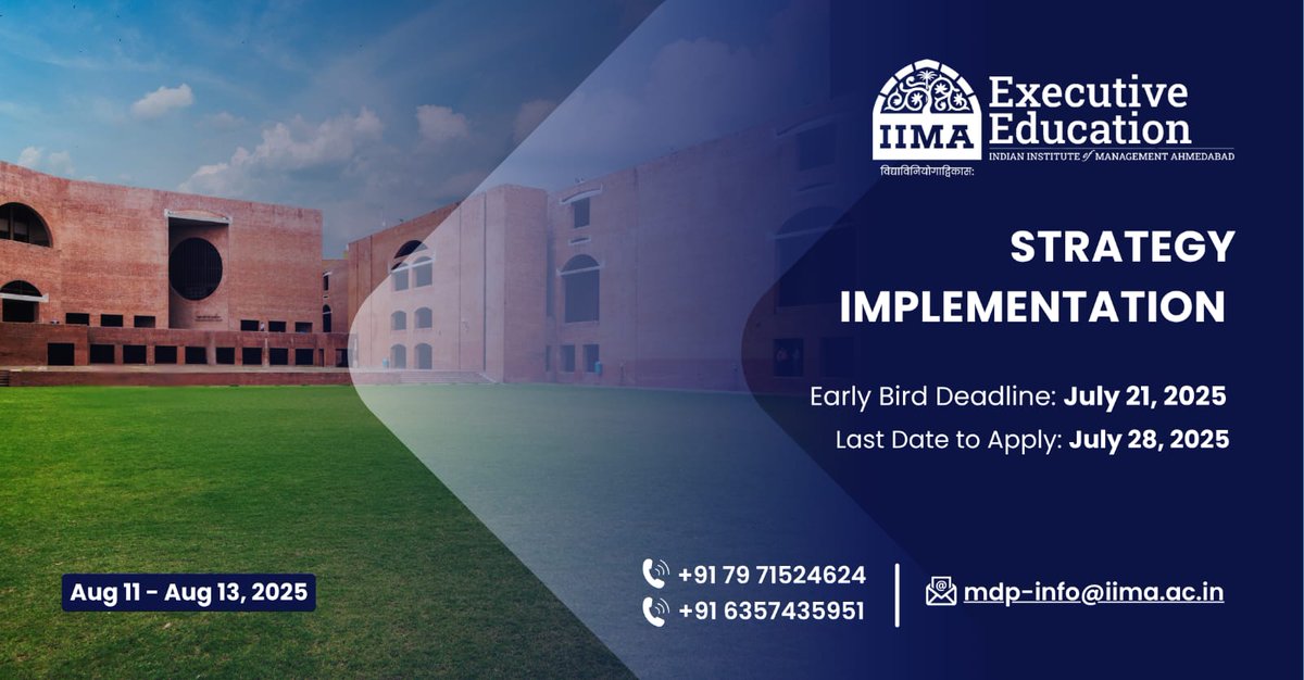 Ideas don’t scale themselves. Execution does.

#IIMA’s #StrategyImplementation programme helps you lead with clarity and turn plans into results.
Apply here: lnkd.in/dthtfjVh