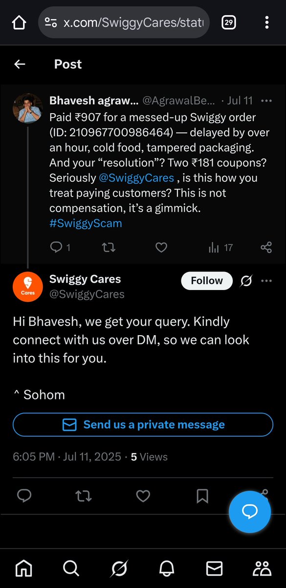 AgrawalBenz's tweet photo. Still no real resolution from @SwiggyCares  after my complaint about a ₹907 order (ID: 210967700986464) — delayed, cold, tampered food. Got a generic DM request with no action. This isn’t “care,” it’s copy-paste support. Screenshot for proof. #SwiggyScam #CustomerRights https://t.co/484HARDGHg