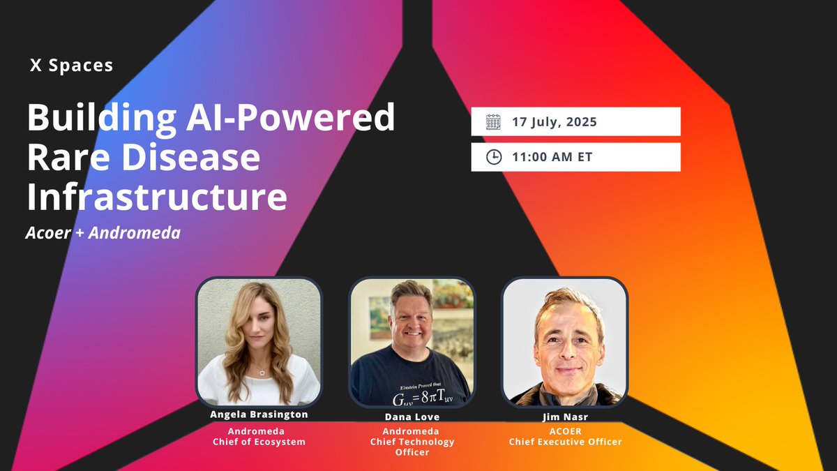 AndromedaProt's tweet image. 🚨 Join us for a special X Spaces with @acoerco, @jnasr, @moontripss, and @danaflove on July 17 at 11 AM ET: "Building AI-Powered Rare Disease Infrastructure"
⚡️ We’ll explore how decentralized tech + AI are transforming healthcare data and patient outcomes.
📅 Set a reminder…