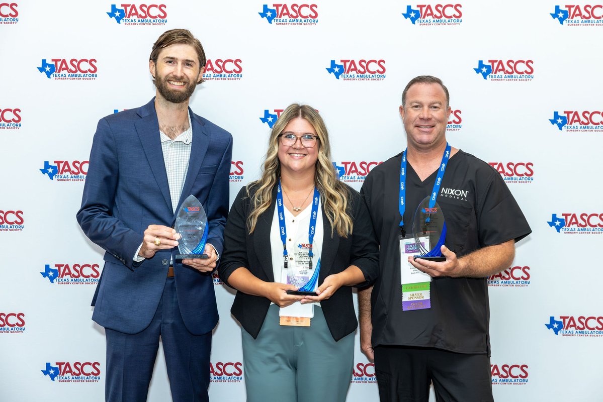 TexasASC's tweet image. This year's Texas ASC Society award winners:
ASC Patient Advocate: Kirsten Burden, BSN, RN, CNOR of Texas Health Spine Surgery Center Rockwall
Industry Partner of the Year: Nixon Medical
Rising Star: Kenneth Waters, MHA of Memorial Hermann Surgery Center Kirby Glen