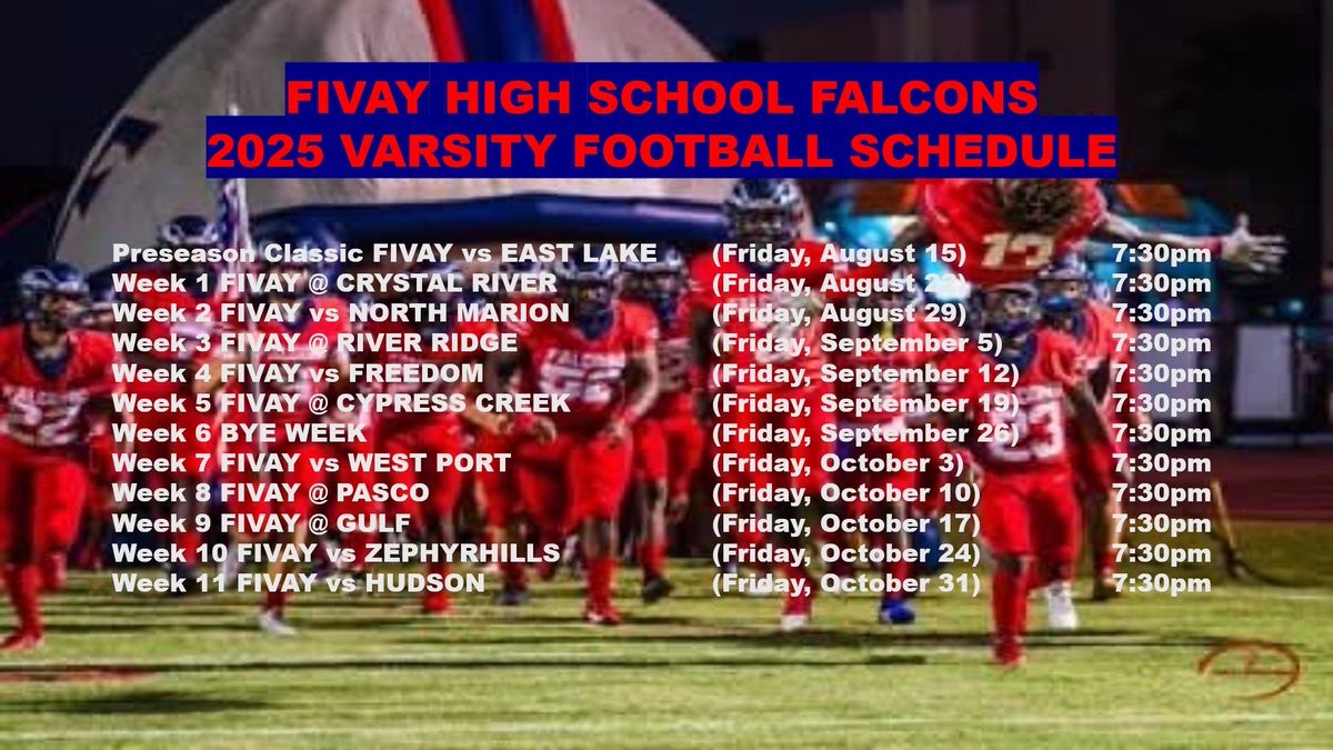 Coach Egan (@coachegan71) on Twitter photo <a href="/FivayFootball/">Fivay Falcons Football</a> <a href="/FivayHighSchool/">Fivay HS Falcons</a> <a href="/Principal_Fivay/">Erik Hermansen</a> <a href="/Andy_Villamarzo/">Andy Villamarzo</a> <a href="/PascoCountyFB/">PascoCountyFB</a> 2025 Fivay Falcon Varsity Football schedule! <a href="/FivayFootball/">Fivay Falcons Football</a> <a href="/FivayHighSchool/">Fivay HS Falcons</a> <a href="/Principal_Fivay/">Erik Hermansen</a> <a href="/Andy_Villamarzo/">Andy Villamarzo</a> <a href="/PascoCountyFB/">PascoCountyFB</a> 2025 Fivay Falcon Varsity Football schedule!