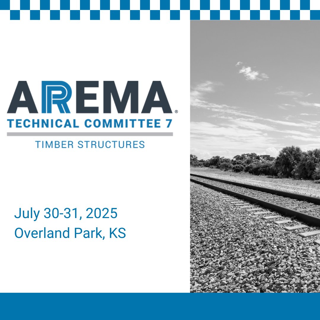 Join us in Overland Park, KS, on July 30–31, 2025, for the AREMA Committee 7 – Timber Structures Meeting. This group focuses on standards and practices for timber railway structures. Learn more:  zurl.co/dJp6i