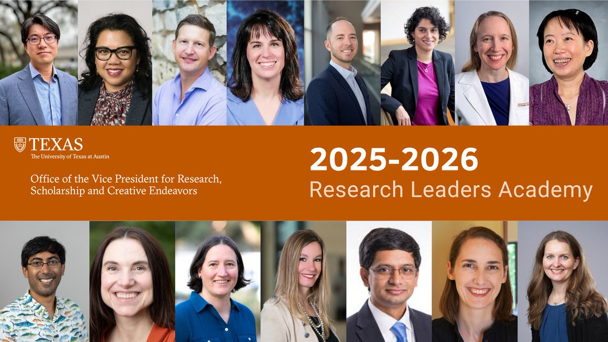 UTexasResearch's tweet image. Congrats to the new 2025–26 Research Leaders Academy cohort 🎉
Fifteen fellows from 10 UT Austin colleges and schools will work with the Office of the Vice President for Research to develop large-scale research visions, secure external support and lead interdisciplinary teams.…