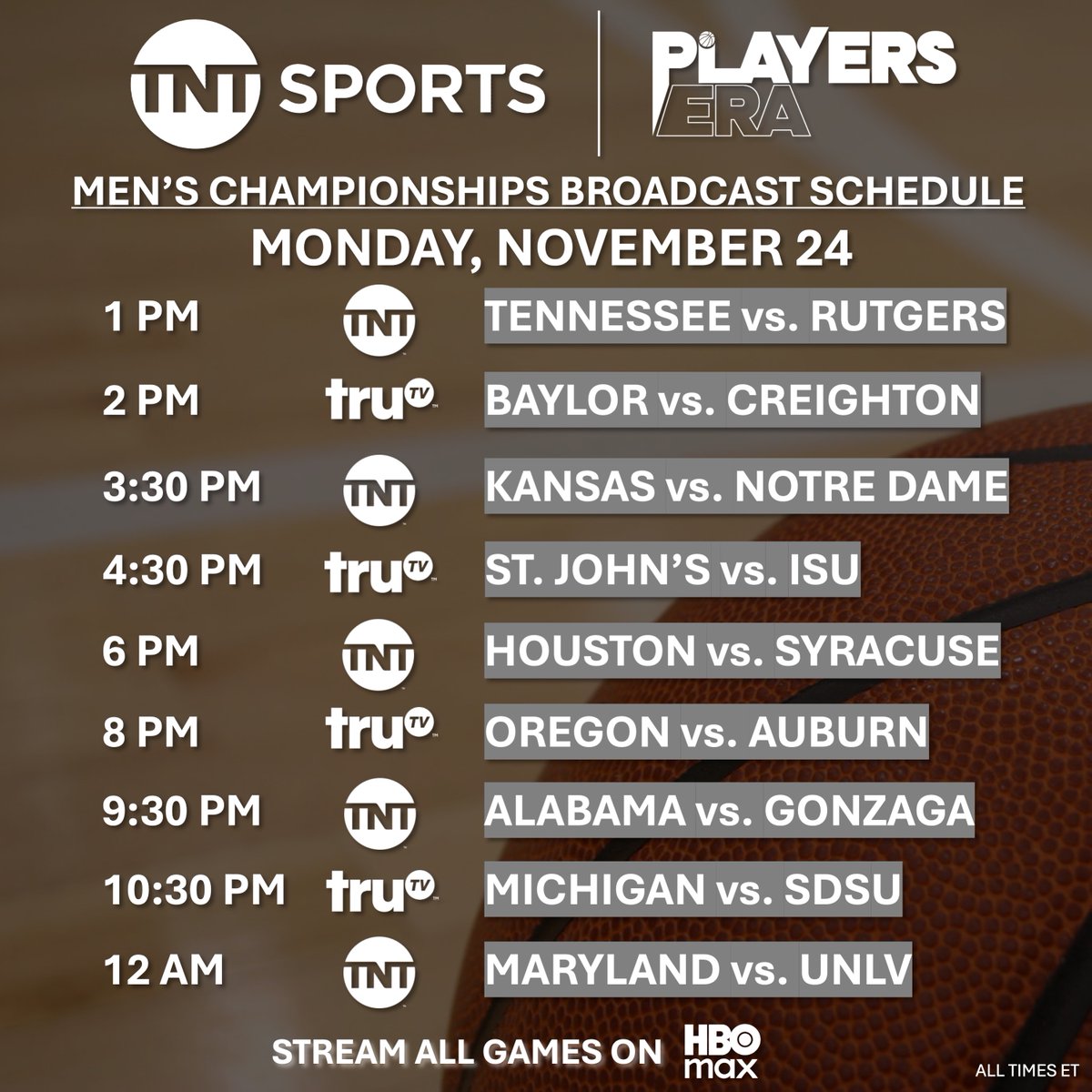 TNTSportsUS's tweet image. TNT Sports' networks and platforms to exclusively present 31-game expanded @Players_Era college basketball showcase event during Thanksgiving Week, November 24-27:
🏀 18 powerhouse men's programs
🏀 4 championship-hopeful women's programs
Full schedule 🗓️: