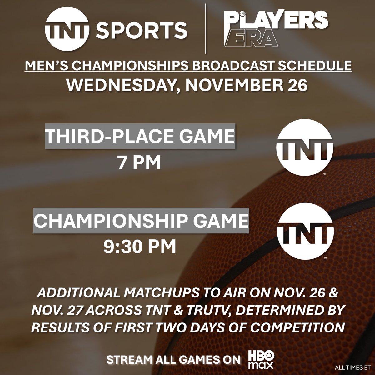 TNTSportsUS's tweet image. TNT Sports' networks and platforms to exclusively present 31-game expanded @Players_Era college basketball showcase event during Thanksgiving Week, November 24-27:
🏀 18 powerhouse men's programs
🏀 4 championship-hopeful women's programs
Full schedule 🗓️: