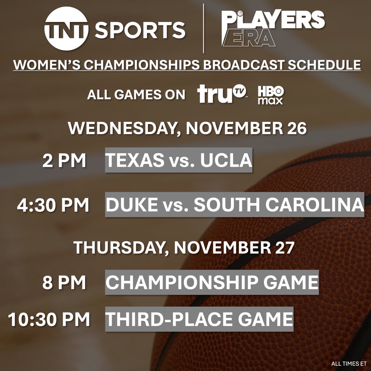 TNTSportsUS's tweet image. TNT Sports' networks and platforms to exclusively present 31-game expanded @Players_Era college basketball showcase event during Thanksgiving Week, November 24-27:
🏀 18 powerhouse men's programs
🏀 4 championship-hopeful women's programs
Full schedule 🗓️: