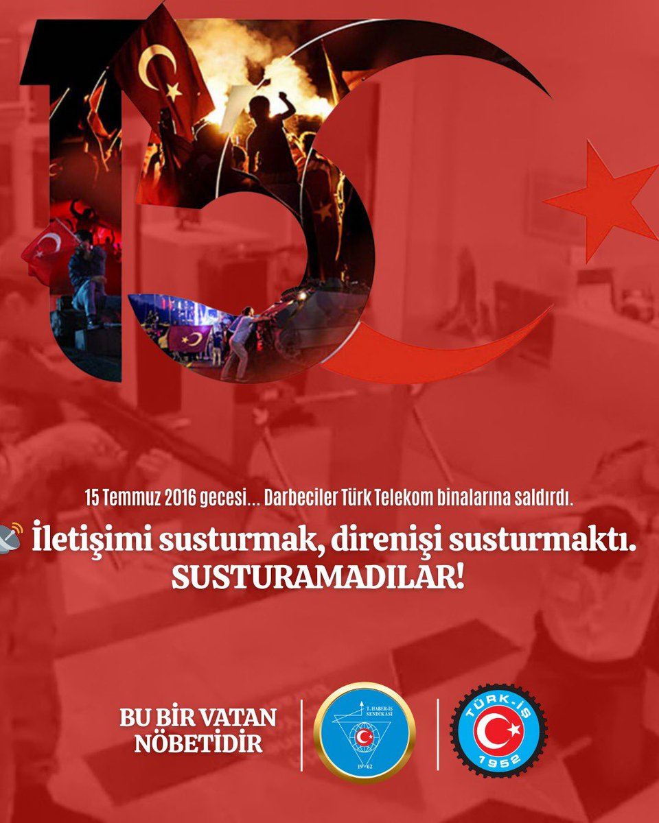 VeliSolak's tweet photo. Milletin egemenliğinin üstünde hiçbir egemenlik yoktur!
#15Temmuz gecesi, devletimiz ve milletimiz bağımsızlığından asla vazgeçmeyeceğini tüm dünyaya bir kez daha gösterdi.

Darbeyi gerçekleştirebilmek için iletişim altyapısı hedef alındı; televizyonlar, yayın merkezleri ve iletişim kanalları susturulmak istendi.
Çünkü biliyorlardı: İletişimi kesmek, milletin direnişini durdurmaktı.

O karanlık gecede haberleşmeye darbe vurmak isteyenler, milletin iradesine çarptı.

İletişim emekçileri ve tüm telekomünikasyon sektörü; o gece görev başındaydı.

Milletin sesi, vatanın nefesi oldular.

#15Temmuz