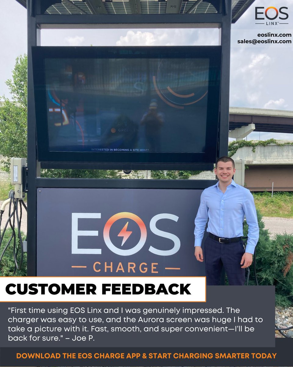 EOSLinx's tweet image. “Fast, smooth, and super convenient.” – Joe P.
First-time EOS Linx charger user + instant fan.
Smart charging ✔
Aurora screen ✔
Easy win ✔
#SmartCharging #EVExperience #AuroraByEOS #EOSLinx