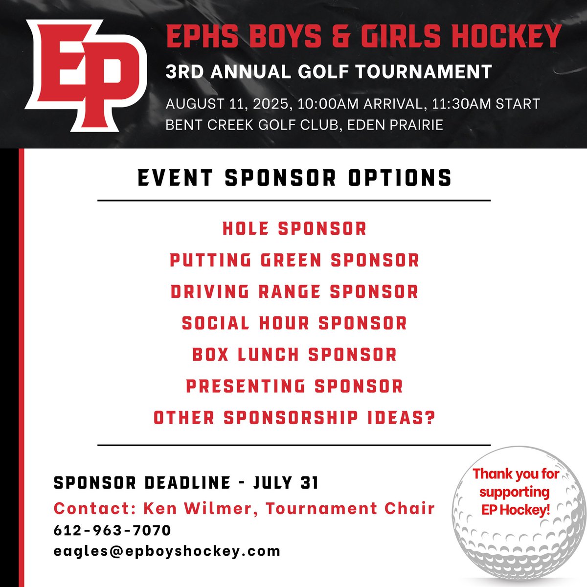 EPHS Boys Hockey (@epboyshockey) on Twitter photo Registration deadline July 31‼️ Sign-up today for the 3rd Annual EPHS Boys & Girls Hockey Golf Tourney on Mon, August 11. Proceeds support both teams for the upcoming season.
🎟️ epboyshockey.com
❓eagles@epboyshockey.com
Go Eagles‼️🦅 Registration deadline July 31‼️ Sign-up today for the 3rd Annual EPHS Boys & Girls Hockey Golf Tourney on Mon, August 11. Proceeds support both teams for the upcoming season.
🎟️ epboyshockey.com
❓eagles@epboyshockey.com
Go Eagles‼️🦅
