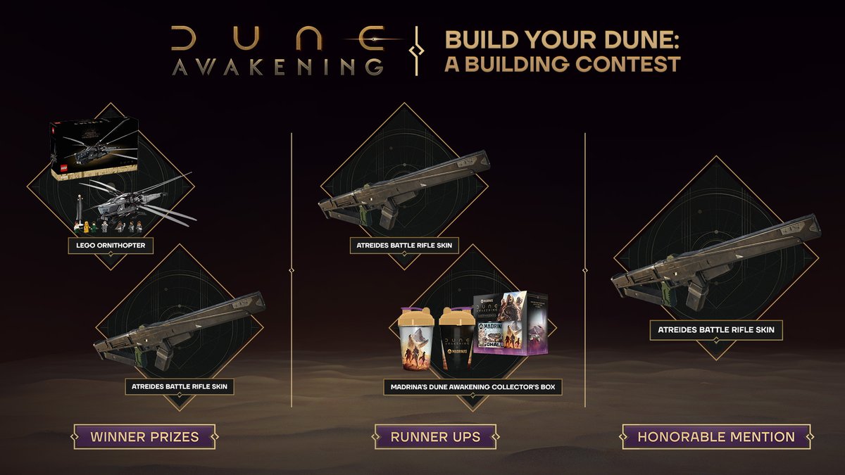 DuneAwakening's tweet image. Our very first building contest for #DuneAwakening is now live! 🏠
Show us your best Atreides, Harkonnen, or CHOAM creations and you could win some great prizes.
Information on how to enter, prizes, dates, rules, and more can be found here: bit.ly/BuildYourDune
