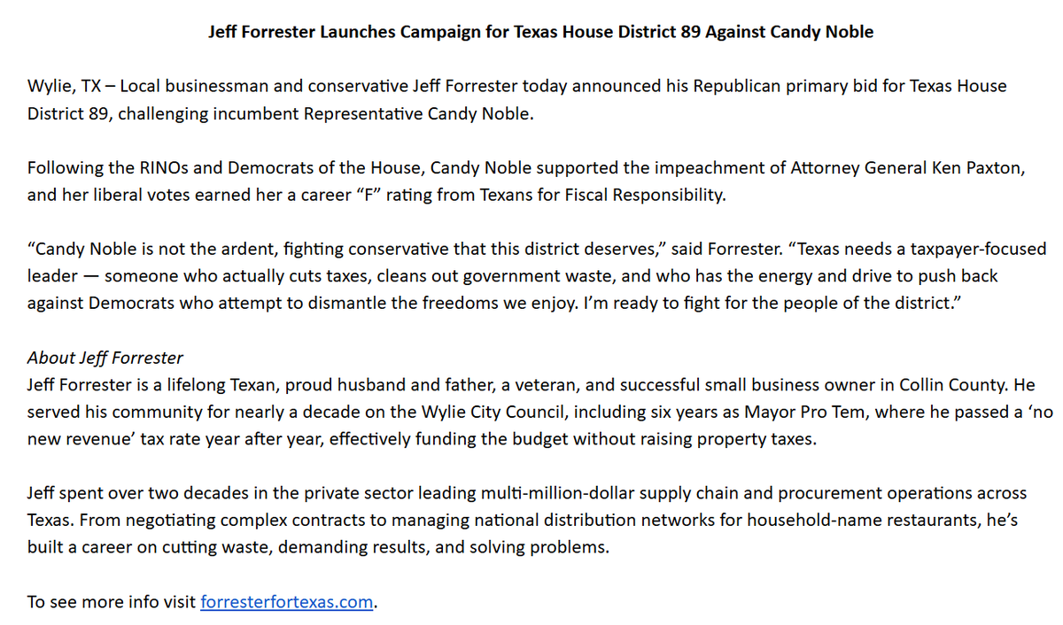 bradj_TX's tweet photo. Inbox: Jeff Forrester makes his #HD89 primary challenge to @CandyNobleHD89 official. #txlege https://t.co/FpAyDf2iHL