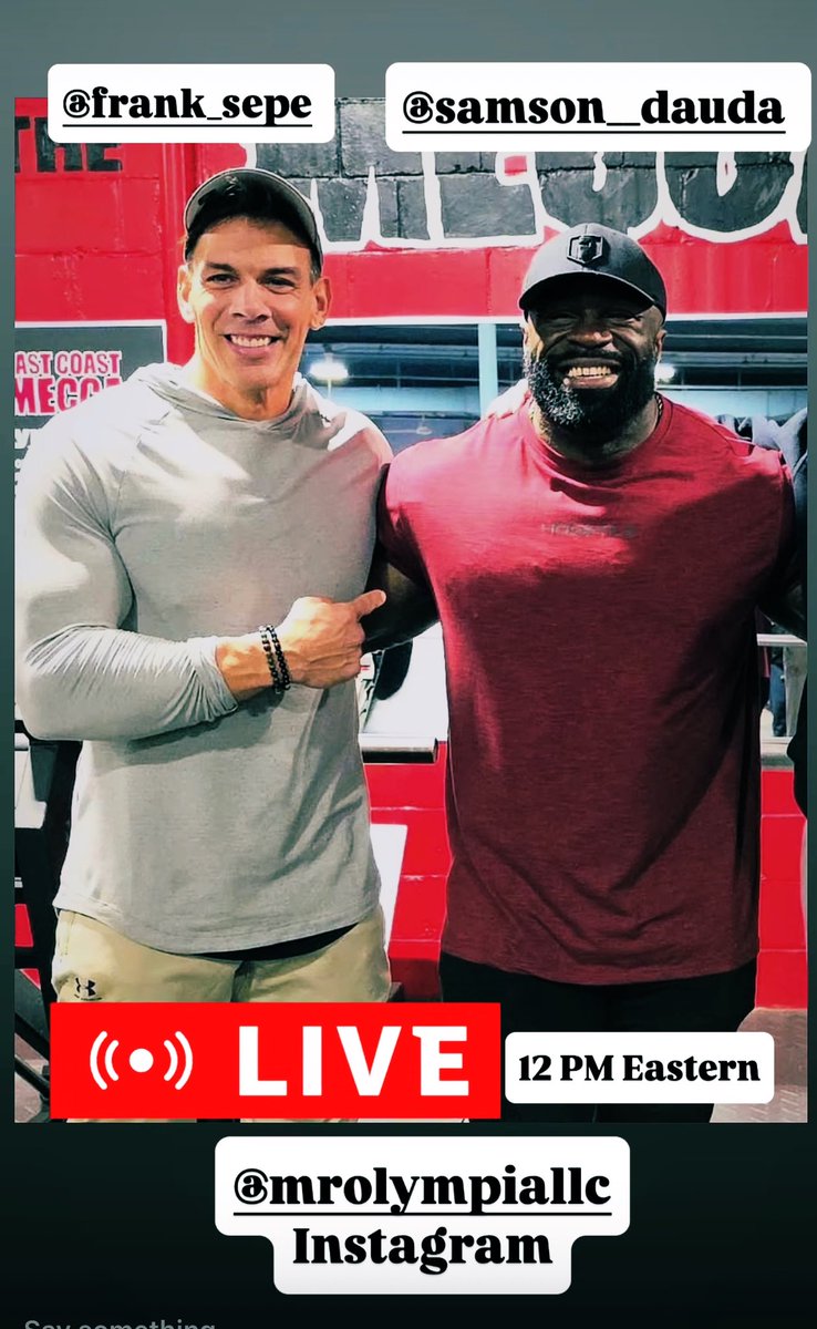 🎥 Watch Live on Olympia's Instagram at 12 PM Eastern! Join us as Mr. Olympia, Samson Dauda, is interviewed by <a href="/FrankSepe/">Frank Sepe</a> . Don’t miss it! #OlympiaLive #MrOlympia #Interview