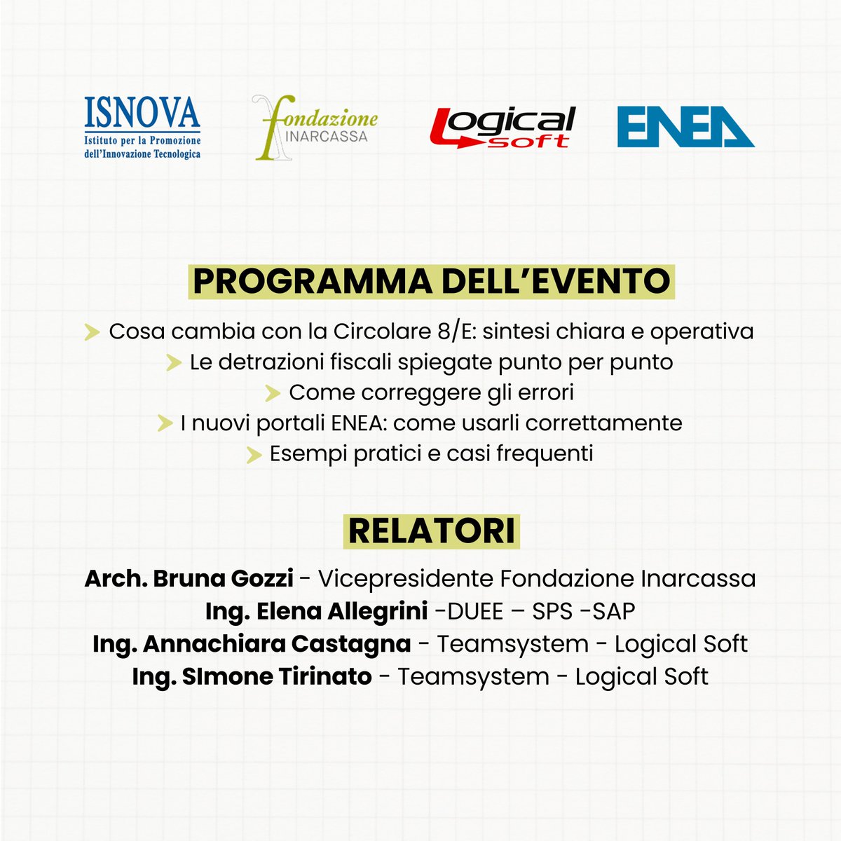 #FondazioneInarcassa in collaborazione con ISNOVA, <a href="/ENEAOfficial/">ENEA</a> e TeamSystem <a href="/Logical_Soft/">Logical Soft</a>, ti invita a partecipare a un approfondimento fondamentale per chi opera nel mondo dell’edilizia, della progettazione e dell’amministrazione condominiale.

fondazioneinarcassa.it/it/bonus-edili…