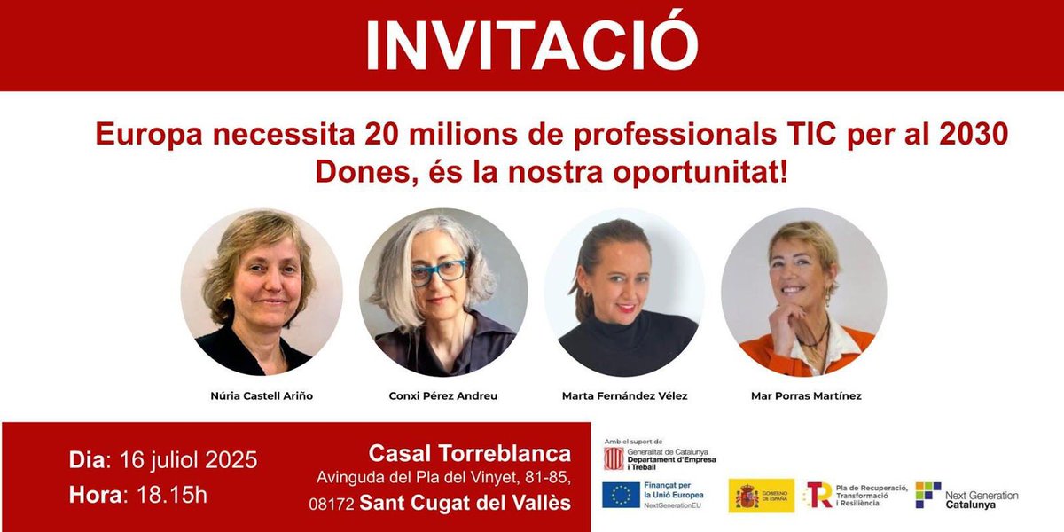 COEINF (@coeinf) on Twitter photo 📣 Últims dies!
🌐 Europa necessita 20 M de professionals #TIC abans del 2030. Apostem pel talent femení!✨👩💻
Amb <a href="/NuriaCastell_A/">Núria Castell-Ariño</a>, <a href="/ConxiPerez/">Conxi Perez Andreu</a>, <a href="/MarPorrasM1/">Mar Porras</a> i Marta Fernández.
📅 16/07 – Casal Torreblanca, Sant Cugat
✅ Inscripció GRATUÏTA 👇
🔗 enginyeriainformatica.cat/europa-busca-2… 📣 Últims dies!
🌐 Europa necessita 20 M de professionals #TIC abans del 2030. Apostem pel talent femení!✨👩💻
Amb <a href="/NuriaCastell_A/">Núria Castell-Ariño</a>, <a href="/ConxiPerez/">Conxi Perez Andreu</a>, <a href="/MarPorrasM1/">Mar Porras</a> i Marta Fernández.
📅 16/07 – Casal Torreblanca, Sant Cugat
✅ Inscripció GRATUÏTA 👇
🔗 enginyeriainformatica.cat/europa-busca-2…