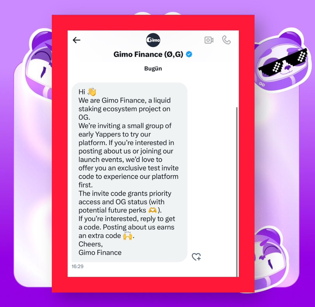 Today I received my second invitation

As a <a href="/0G_labs/">0G Labs (Ø,G) - AI L1</a> contributor I received a DM from the <a href="/Gimo_Fi/">Gimo Finance (Ø,G)</a> project today

Gimo Finance is the first LST project developed under 0GLabs

Thanks to Kaito
I am winning YAPS
I'm winning 0G awards
I'm getting an early start on Gimo

We are 0G 😎