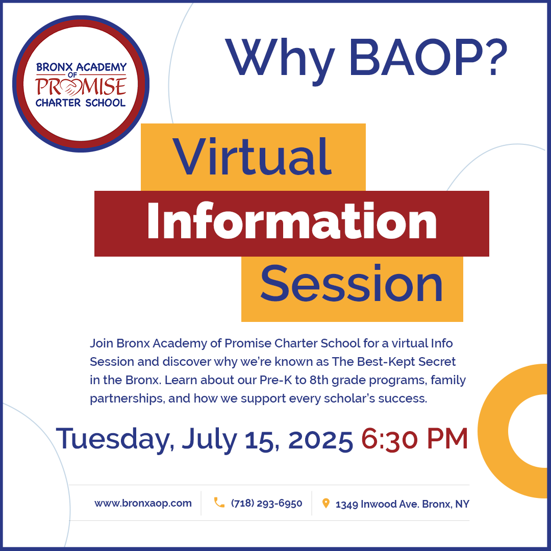 Join Bronx Academy of Promise Charter School for a Virtual Info Session on Tues, July 15 at 6:30 PM. Learn about our Pre-K–8 programs, family partnerships, and how we help every scholar thrive. Fill out the interest form to get your link. Link in bio.