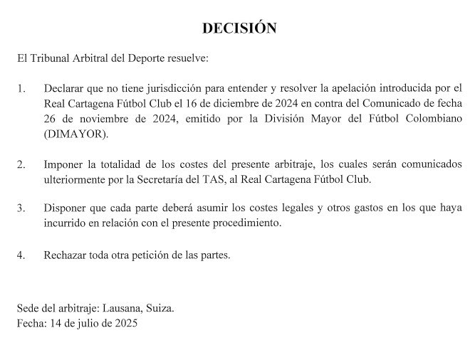 El TAS falla en contra del Real Cartagena, por la demanda interpuesta por parte del club ante la Dimayor. La disputa inició ante el enredo por el tema del Repechaje del Torneo de Ascenso Colombia 2024.