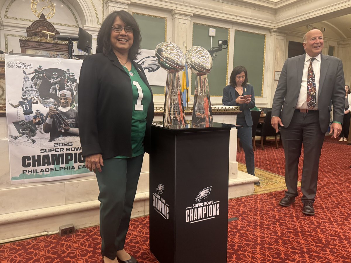 cmninaahmad's tweet image. Had the honor of attending a special resolution presentation last month hosted by Council President Johnson to celebrate Eagles President Don Smolenski. It was an unforgettable moment standing alongside the Lombardi trophies and celebrating the legacy of our Birds! #GoBirds