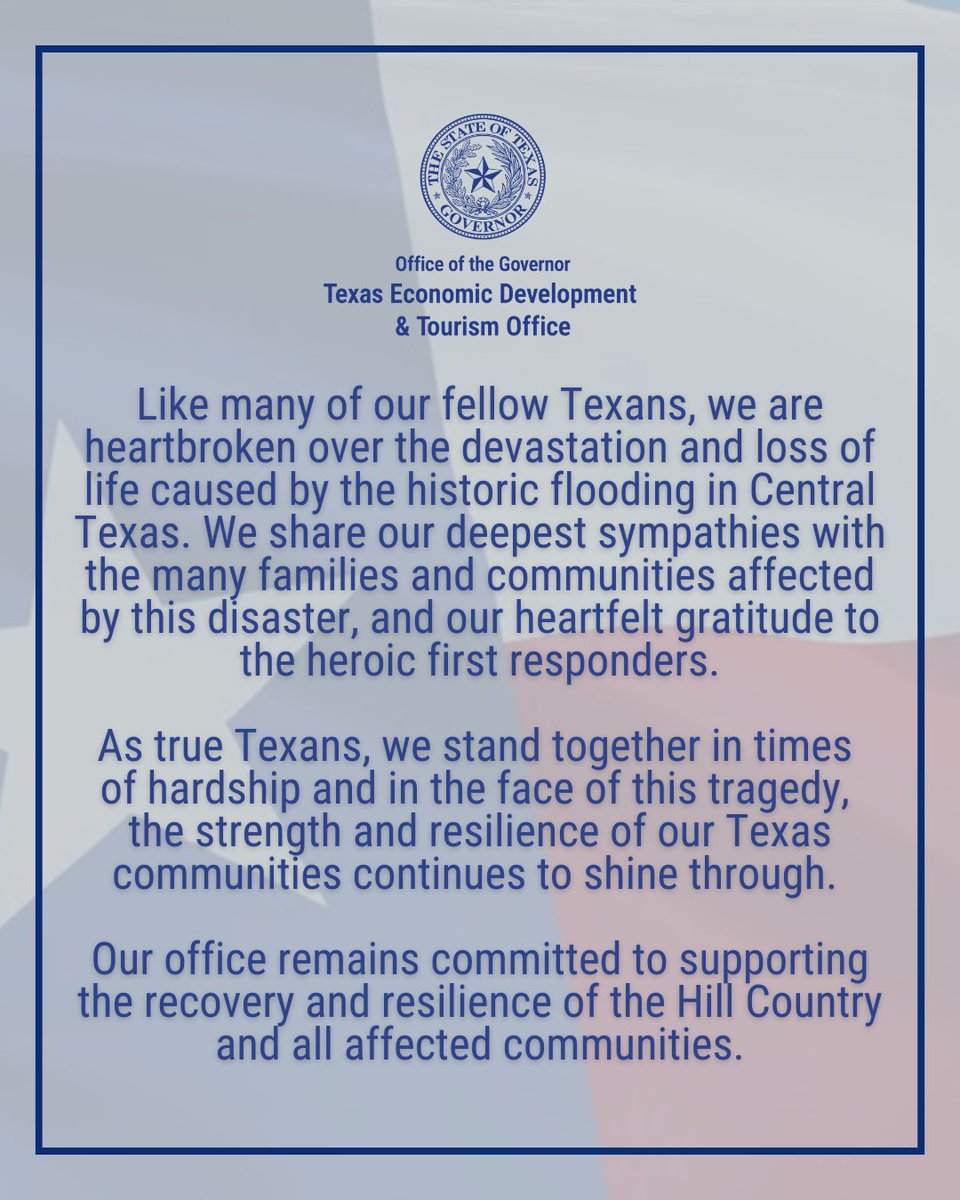 TexasEconDev's tweet image. We stand in solidarity with the many families and communities facing loss and recovery, and are committed to supporting the rebuilding and resilience of our great state.
For more information on flood resources and recovery assistance, please visit: disaster.texas.gov
If…