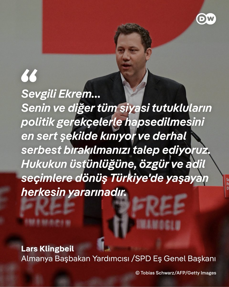 Almanya Başbakan Yardımcısı Klingbeil'dan 4 aydır tutuklu bulunan İmamoğlu'na dayanışma mektubu:

"Sen ve diğer siyasi tutuklular, özgürlük, adalet ve eşitlik gibi ortak değerleri dimdik savunuyorsunuz. Bu nedenle sizin mücadeleniz bizim de mücadelemizdir."