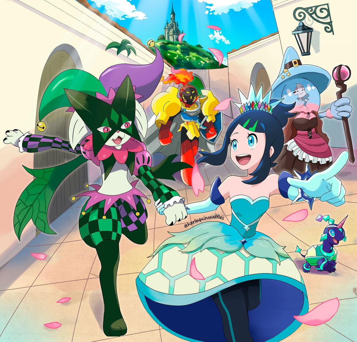 hwaffuru's tweet image. Meowscarada(Jester/Magician), Terapagos(Jewel), Hatterene(Witch), and Charcadet which probably would be an Armarouge(Knight) fit a FAIRY TALE theme.✨Does this mean a dragon is next? What Pokémon do you think Liko will catch? 👇 #PokemonHorizons #anipoke