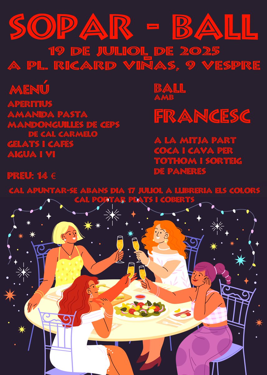 🍽️💃 Sopar dels carrers Creu, Cadí, Plaça Ricard Viñas. Dissabte 19 de juliol a les 21h. Cal portar plats i coberts
