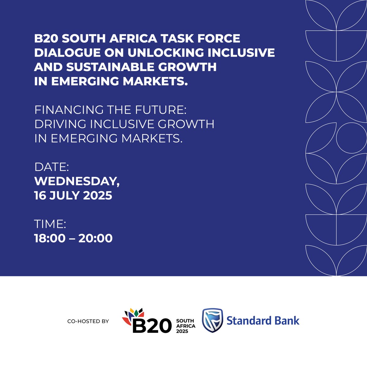 B20South Africa (@b20) on Twitter photo On 16 July, #B20SouthAfrica’s Finance & Infrastructure Task Force will host a high-level event sponsored by <a href="/StandardBankZA/">Standard Bank ZA</a>, on unlocking inclusive growth in emerging markets through stronger capital flows and infrastructure investment.
Learn more: b20southafrica.org/fi-tf-financin… On 16 July, #B20SouthAfrica’s Finance & Infrastructure Task Force will host a high-level event sponsored by <a href="/StandardBankZA/">Standard Bank ZA</a>, on unlocking inclusive growth in emerging markets through stronger capital flows and infrastructure investment.
Learn more: b20southafrica.org/fi-tf-financin…