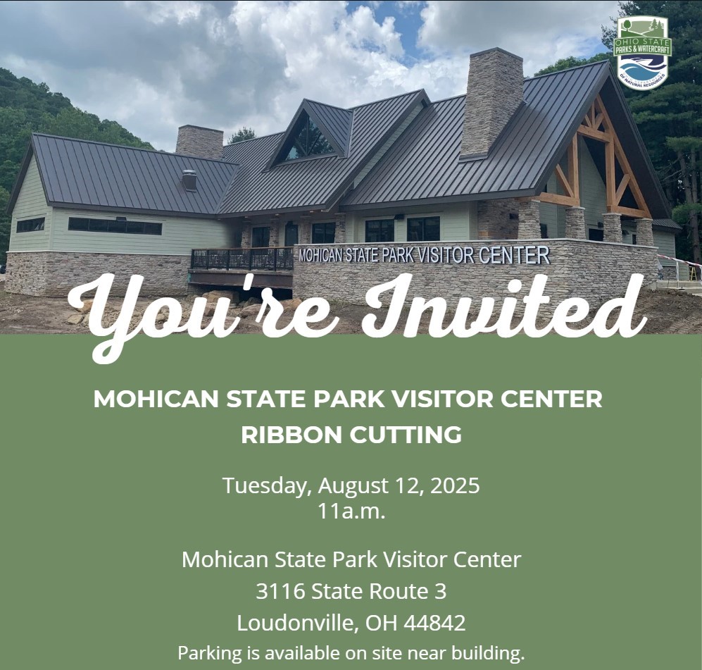 OHStateParks's tweet image. 📣 You're invited! 📣 Join us for the grand opening of the new Mohican State Park Visitor Center!
📅 Aug. 12
🕚 11 a.m.
📍 3116 State Route 3, Loudonville
Discover lodge-style charm, hands-on exhibits, and scenic views along the scenic Mohican River. @ohiodnr @ohheartofitall