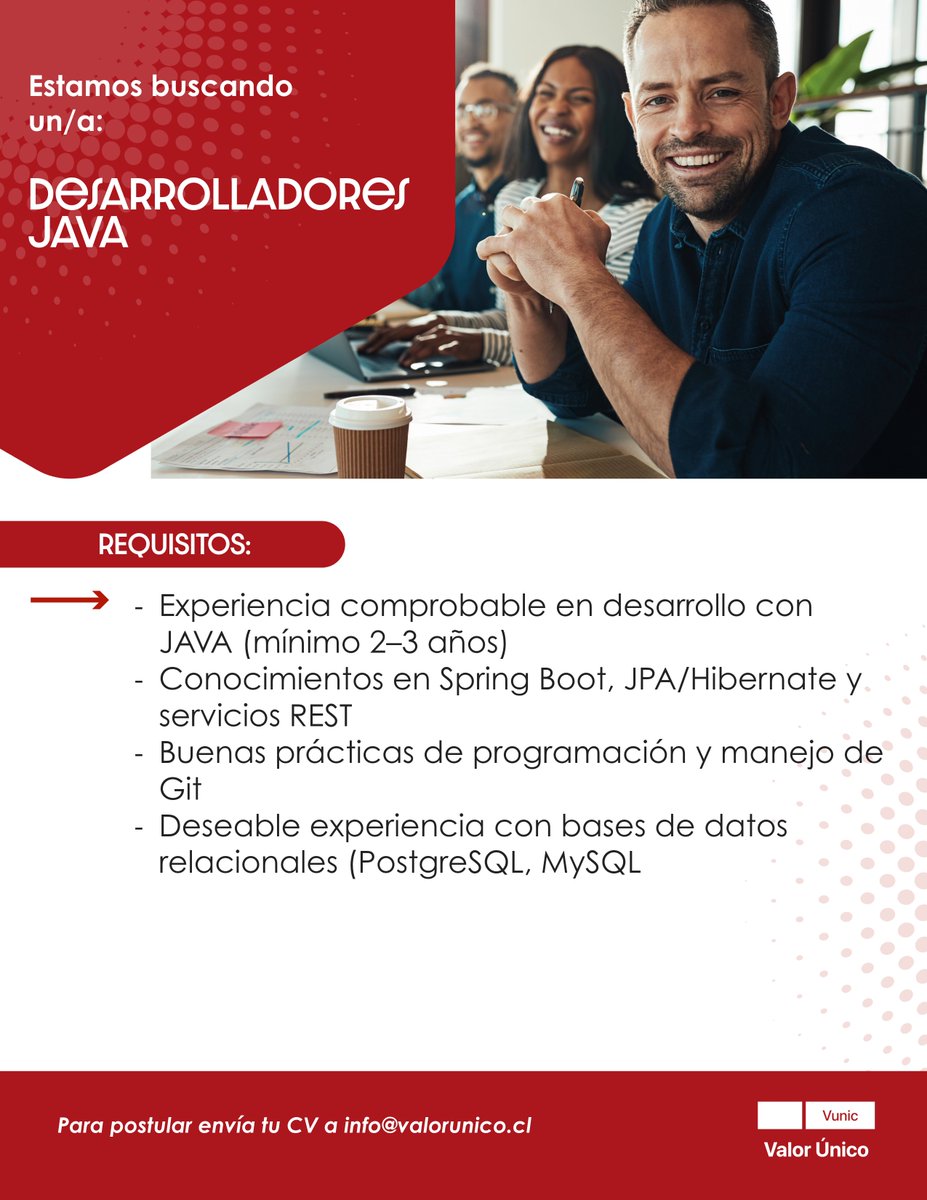 valor_unico's tweet image. 🚀 ¡Estamos creciendo! Buscamos 2 Desarrolladores JAVA
Envía tu CV con pretensiones de renta y disponibilidad a: info@valorunico.cl
#DesarrolladorJAVA #SpringBoot #JPA #REST #PostgreSQL #MySQL #TechJobs #HayPega #ValorÚnico #TrabajoTI #CódigoConCalidad