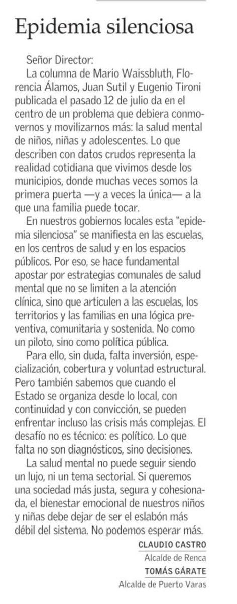 La crisis de salud mental que viven niños, niñas y adolescentes se expresa en todos los espacios de la vida cotidiana. 

En <a href="/__elmercurio/">El Mercurio</a> un llamado junto a <a href="/TomasGarate/">Tomás Gárate Silva</a> para apostar por estrategias que articulen a escuelas, territorio, familia y Estado para superar esta