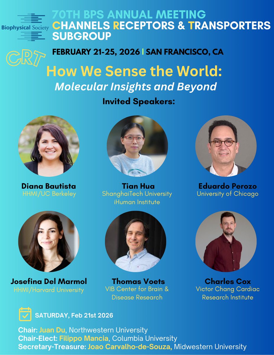 Excited to announce the Channels, Receptors, and Transporters (CRT) Subgroup Symposium at the 70th BPS annual meeting in San Francisco.