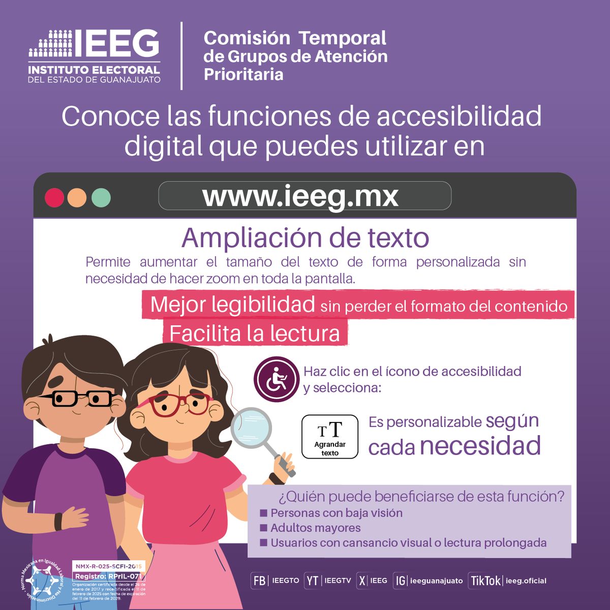 🟣 | ¿Sabías qué?

Nuestro sitio web cuenta con una herramienta de ampliación de texto, con la cual aumenta el tamaño del texto de forma personalizada.

Entra a ieeg.mx

#LaDemocraciaSeViveTodosLosDías