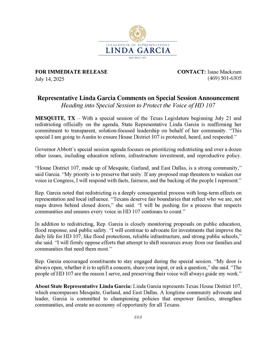 lindafortexas's tweet image. 🚨Press Release🚨I’m heading to Austin for the special session to protect the voice of HD 107. Redistricting must be fair, transparent, and community-centered. #TXLege #HD107