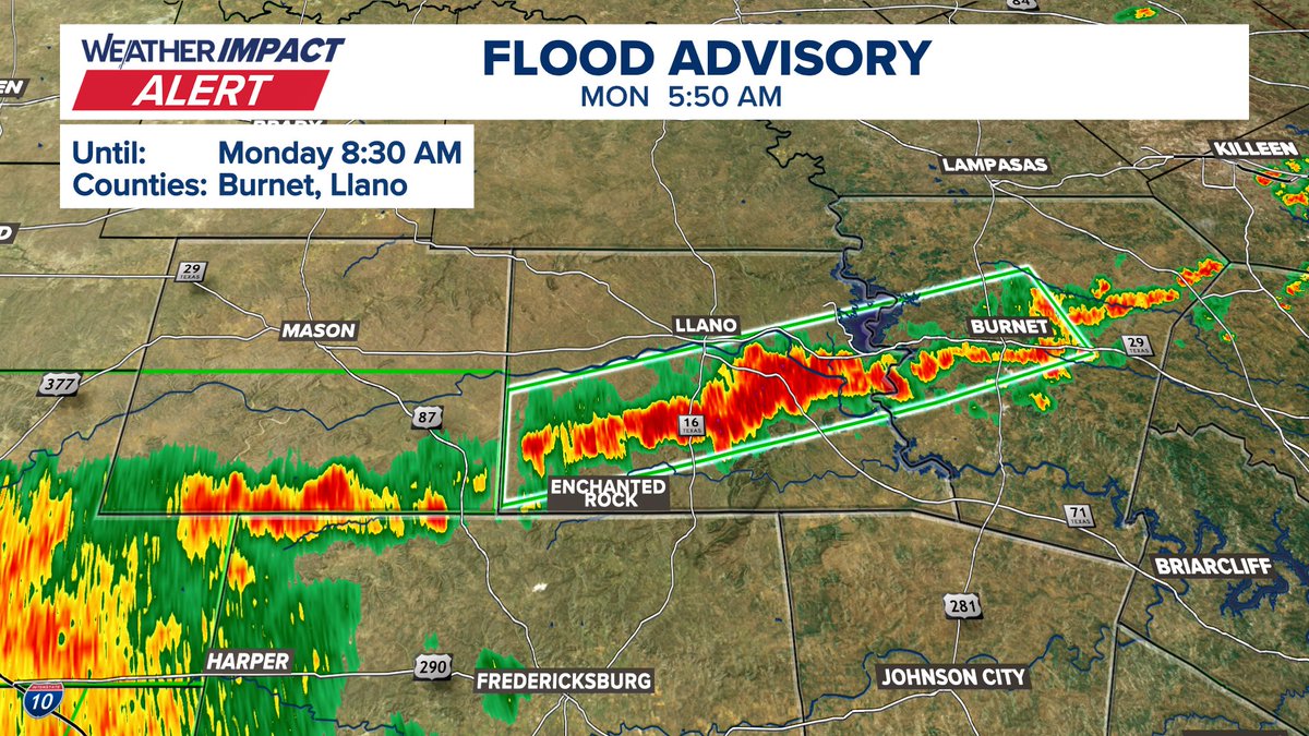 KCShermanWx's tweet image. Well here we go again... heavy rain & storms already developing across parts of the Hill Country this AM, with a Flood Advisory in effect from parts of Mason co., to Llano Co. & Burnet Co.
Not what we need or want to see. Rainfall rates near 4"/hour in the band south of Llano.