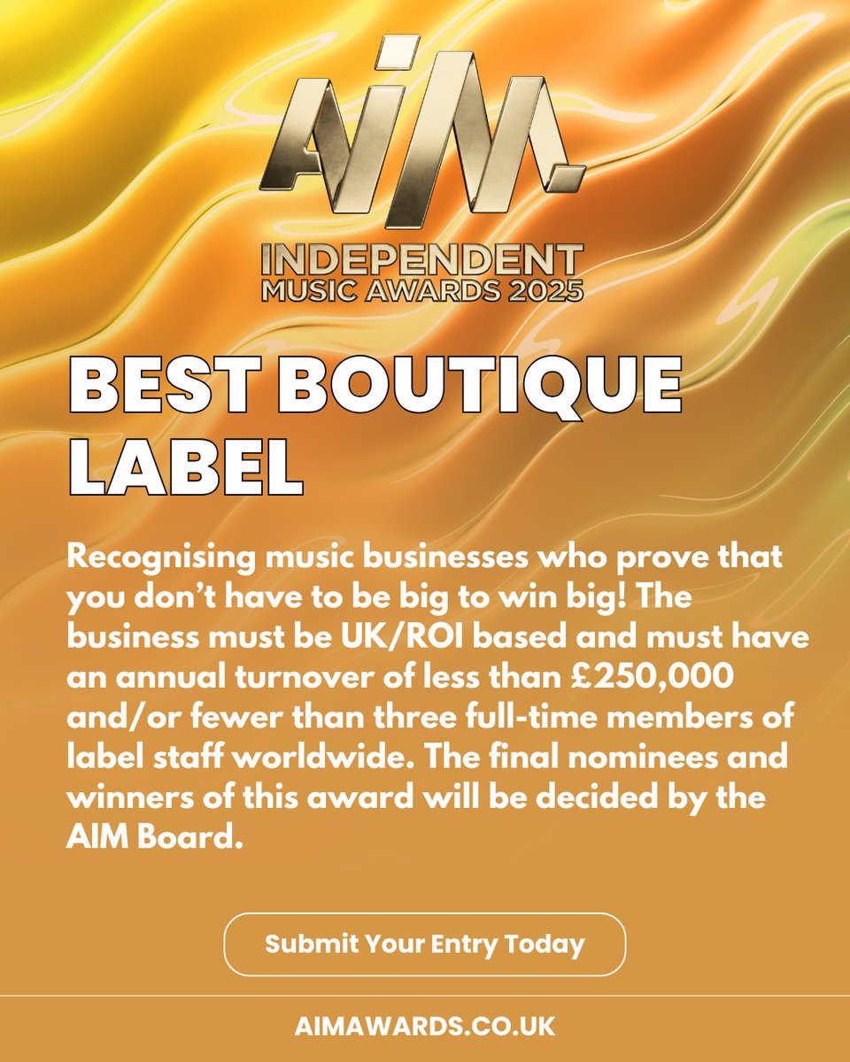 AIM (@aim_uk) on Twitter photo The submissions deadline for the AIM Awards is TODAY. Get your submissions in via aimawards.co.uk before 23:59 for a chance to be considered for an award.
The categories include Best Creative Campaign, best Live Performer, One to Watch and Best Boutique Label and more. The submissions deadline for the AIM Awards is TODAY. Get your submissions in via aimawards.co.uk before 23:59 for a chance to be considered for an award.
The categories include Best Creative Campaign, best Live Performer, One to Watch and Best Boutique Label and more.