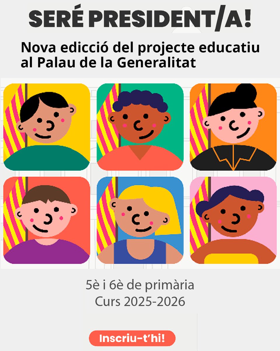 Nova edició del projecte educatiu Seré President/a! L'alumnat de 5è i 6è de #primària visitarà els espais més emblemàtics del Palau i farà un taller per conèixer què és un Govern, qui en forma part i com funciona. Inscriviu-vos-hi!

🔗 presidencia.gencat.cat/ca/ambits_d_ac…

#AlsCentres