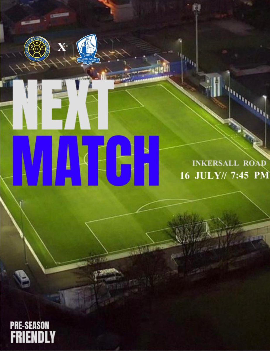 Staveley Miners Welfare Reserves (@smwfcreserves) on Twitter photo This Wednesday we welcome <a href="/melbournedynamo/">Melbourne Dynamo FC</a> to Inkersall Road for our first of three pre season friendlies. Come on down and get behind the lads! 💙🤍
📍Inkersall Road
💵 £3 entry, £2 concessions
🍔🍺- Open from 6:30 pm
⚽️- 7:45 pm Kick Off
#upthetrojans This Wednesday we welcome <a href="/melbournedynamo/">Melbourne Dynamo FC</a> to Inkersall Road for our first of three pre season friendlies. Come on down and get behind the lads! 💙🤍
📍Inkersall Road
💵 £3 entry, £2 concessions
🍔🍺- Open from 6:30 pm
⚽️- 7:45 pm Kick Off
#upthetrojans