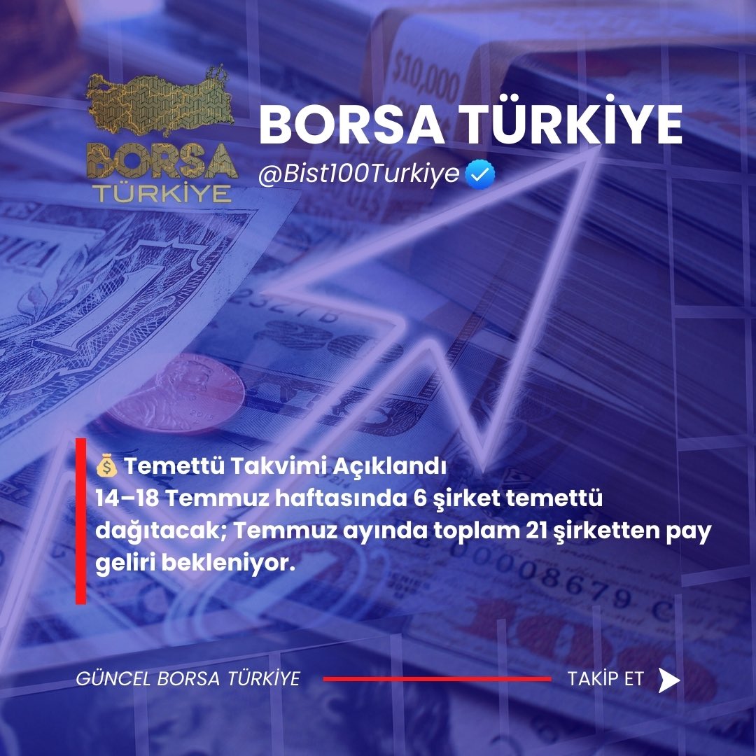 💰 Temettü Takvimi Açıklandı
14–18 Temmuz haftasında 6 şirket temettü dağıtacak; Temmuz ayında toplam 21 şirketten pay geliri bekleniyor.

Bu şekilde haberlerden ve hisse analizlerimizden anlık olarak yararlanmak ve merak ettiğiniz hisseleri sormak için linkten grubumuza