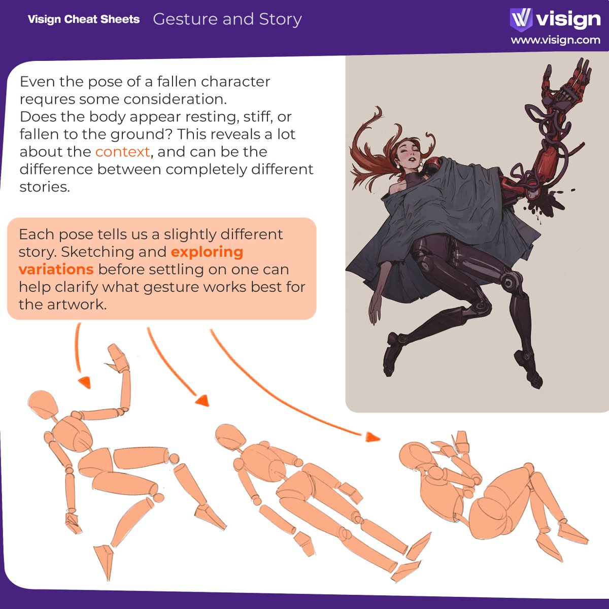 visignacademy's tweet image. Get this! Use weight distribution to push gesture and add subtle storytelling – your characters will thank you!
Need a refresher? Our popular short course Gesture covers quick poses, flow, and push & pull. Check it out: visign.com/courses/gesture
#visigncheatsheet #characterdesign…