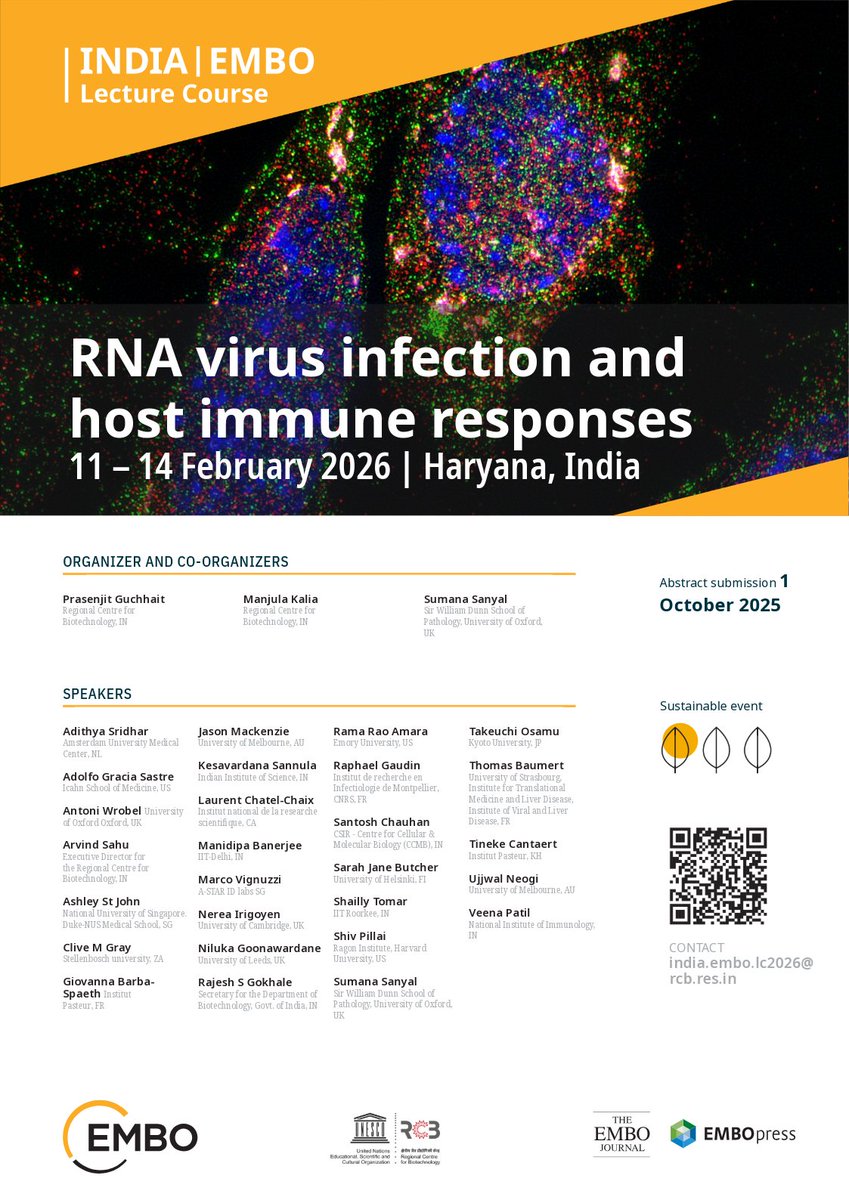 unescorcb's tweet image. Announcing the India I @EMBO Lecture Course on “RNA virus infection and host immune responses”.
Dates: 11 - 14 Feb 2026
Venue: RCB, Faridabad
Registration Deadline: 1 October 2025
Abstract Submission Deadline: 1 October 2025
For more details, visit
meetings.embo.org/event/26-rna-v…