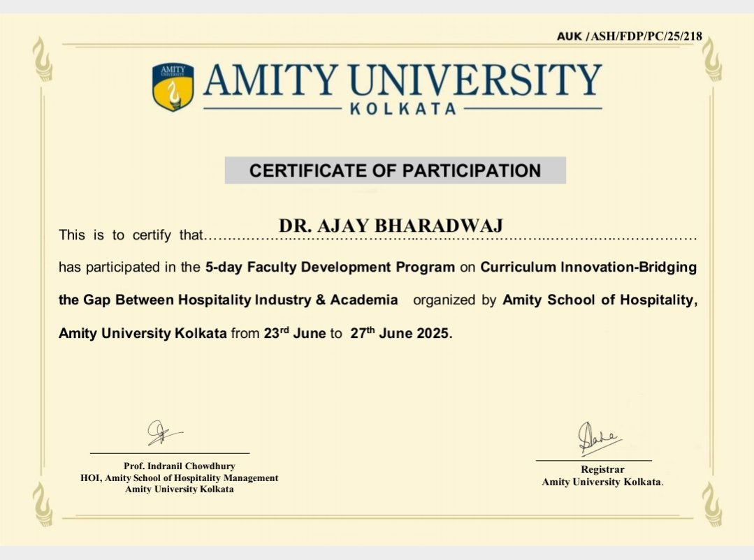 successfully completed 5days Faculty Development Programme #FDP on "Curriculum Innovation, Bridging the gap between Hospitality Industry &amp; Academia
#HospitalityEducation #TourismEducation #CurriculumInnovation #FacultyDevelopment #Education #Learning #AmityKolkata
#AmityJaipur