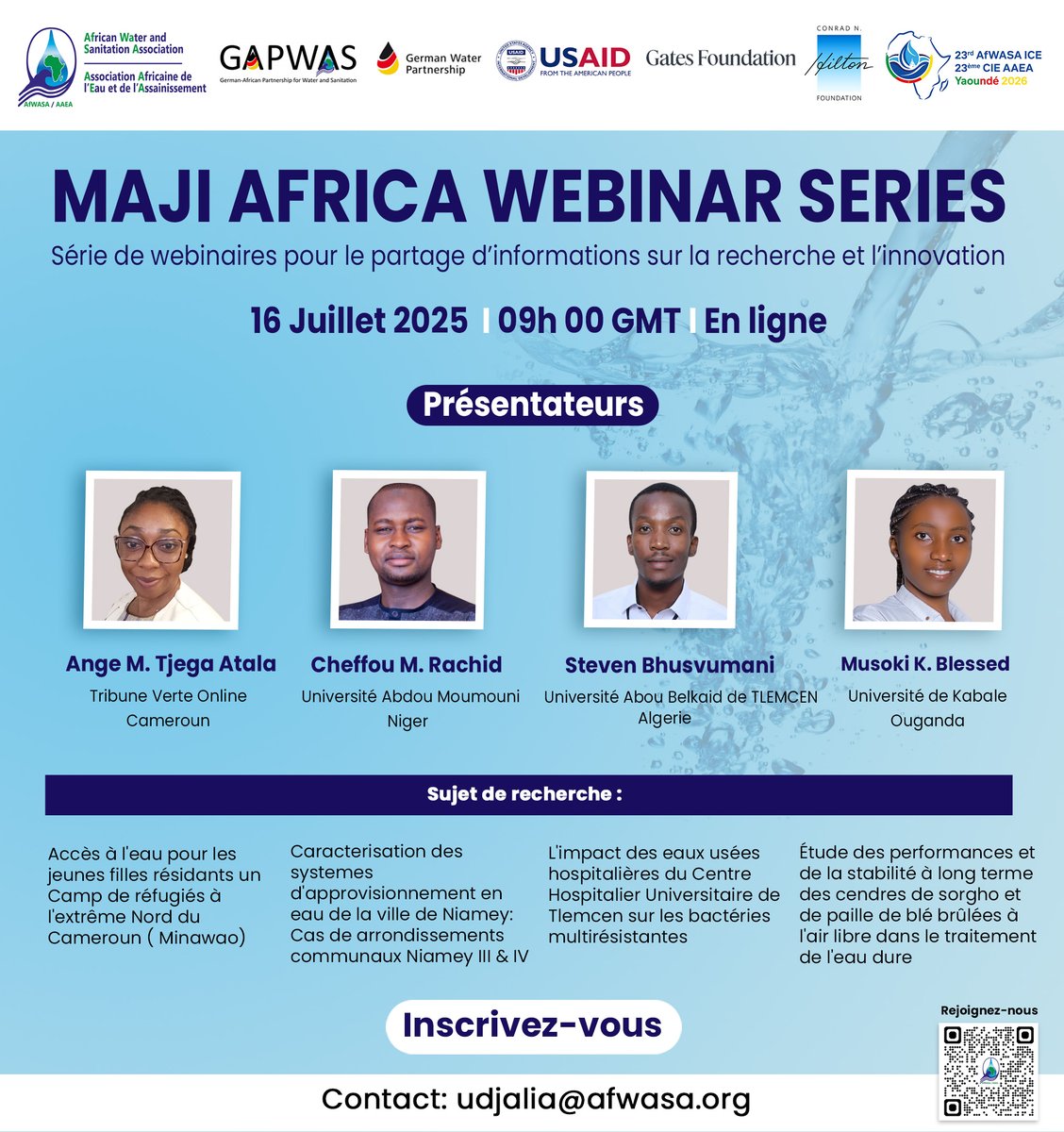 📣 MAJI AFRICA revient ce mercredi 16 juillet !
L’AAEA organise la 3ᵉ édition du webinaire MAJI AFRICA, une plateforme dédiée à la recherche, à l’innovation locale 

Plus d’infos  : 👇
afwasa.org/fr/maji-africa… 

Inscrivez-vous gratuitement  : 👇
us06web.zoom.us/meeting/regist…