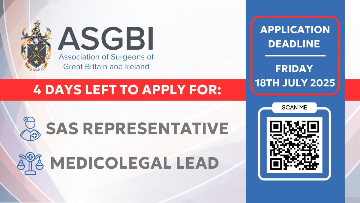 asgbi's tweet image. 🚨🚨 FINAL REMINDER! 🚨🚨 
Applications for our SAS Representative and Medicolegal Lead roles will close on Friday 18th July.  

If you are keen to get involved in ASGBI, you can find all the info here - asgbi.org.uk/get-involved
