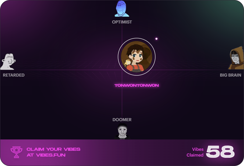 tonwontonwon's tweet image. I don&apos;t know what happened but my vibes on @vibesdotfun shot up from 7 last week to 58 this week. 

Apparently I&apos;m not retarded anymore. I&apos;m an optimistic big brain.

vibes.fun/?ref=tonwonton…