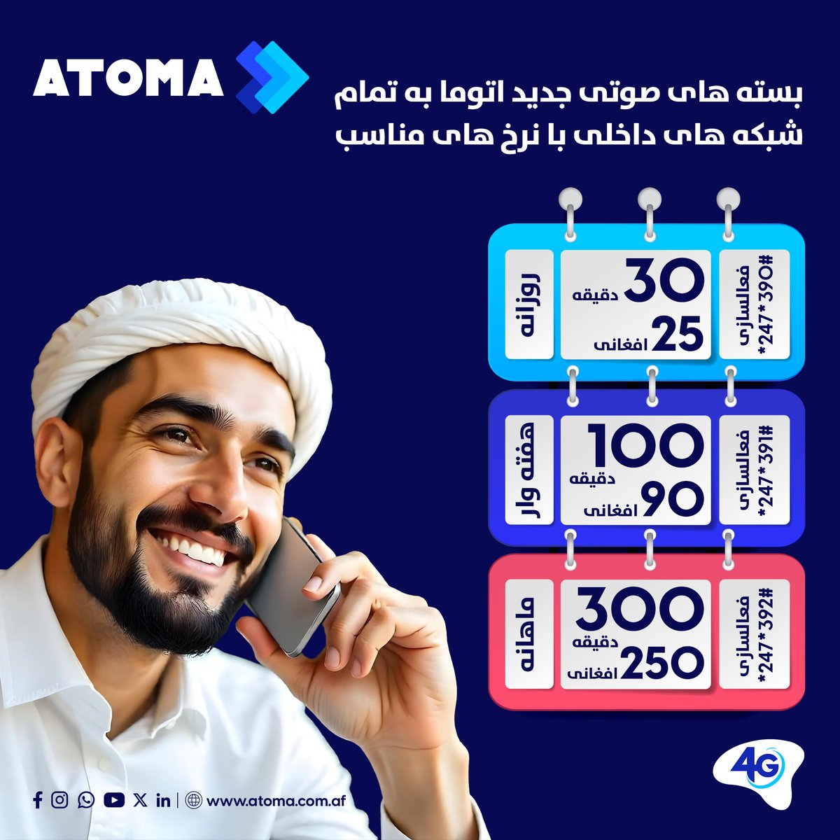 AtomaAfg's tweet photo. با بسته های صوتی جدید اتوما به تمام شبکه های داخلی در بدل نرخ های کمتر تماس بگیرید.
برای فعالسازی #247* را دایل نمائید.
برای غیر فعال نمودن #247* را دایل نموده با کلید 2 و 8 پاسخ دهید.
#ATOMA #AllNetVoiceBundle https://t.co/fYVXPJhd21