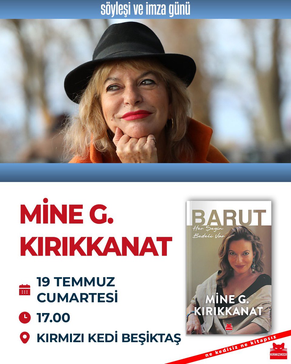 Mine G. Kırıkkanat, 19 Temmuz Cumartesi günü Kırmızı Kedi Beşiktaş mağazasında okurlarıyla buluşuyor.

🕔 17.00 
📍 Cihannüma, Barbaros Blv. No:4/1 Beşiktaş/İstanbul

Karşılaşmak dileğiyle…
#kırmızıkedi #nekedisiznekitapsız