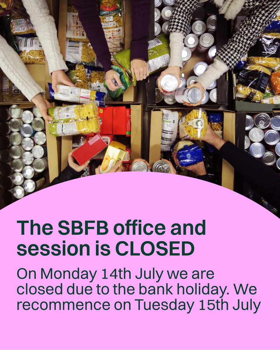 Our foodbank office and distribution is CLOSED all of today due to bank holiday.

The office reopens tomorrow 15th July and we resume client, face to face sessions tomorrow  evening from 7pm.

Thank you for your understanding 

SBFB
