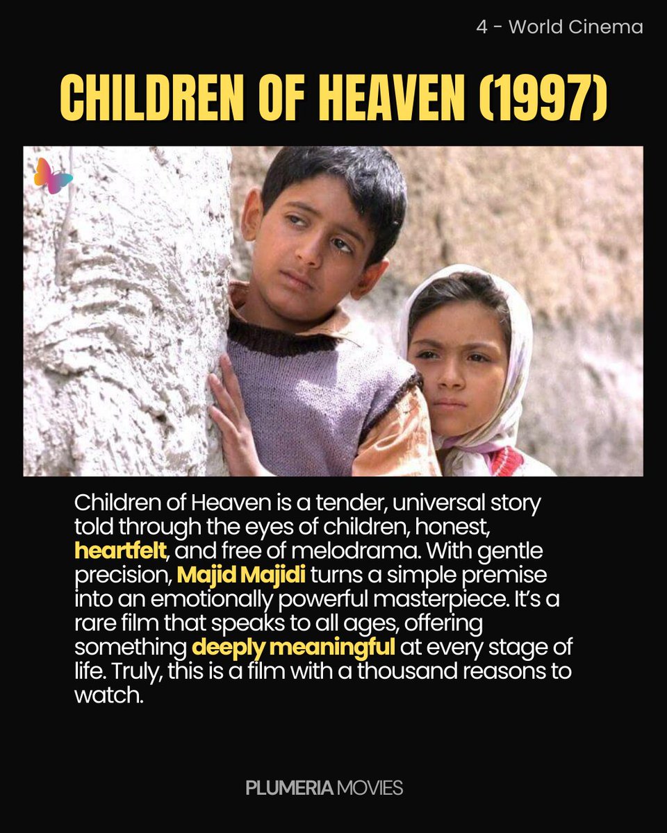 plumeriamovies's tweet photo. #MajidMajidi's Children of Heaven (1997) is a quietly powerful Iranian film about childhood, poverty, and sibling love, told with simplicity and soul. A small film with a big heart.

#IranianCinema #MustWatchFilms #ChildrenOfHeaven https://t.co/OTtXuJj8Xm