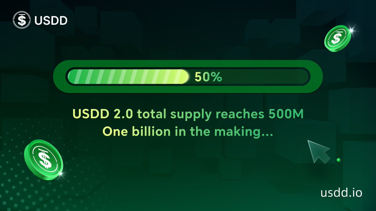 USDD 2.0 (Earn Double Rewards with sTRX Vault) (@usddio) on Twitter photo 🚀 Our goal is for USDD total supply to hit 1 billion, and we're 50% there! To celebrate this milestone and thank our users, here's a special campaign.
💡 How to participate:
✅ Follow <a href="/usddio/">USDD 2.0: Sustainable Yield by Smart Allocator🌱</a> and <a href="/usddio_cn/">USDD 2.0(Smart Allocator 助您解锁可持续收益 🌱 )</a>
✅ Quote this post with hashtags #USDD #Stablecoin #TRON, include this 🚀 Our goal is for USDD total supply to hit 1 billion, and we're 50% there! To celebrate this milestone and thank our users, here's a special campaign.
💡 How to participate:
✅ Follow <a href="/usddio/">USDD 2.0: Sustainable Yield by Smart Allocator🌱</a> and <a href="/usddio_cn/">USDD 2.0(Smart Allocator 助您解锁可持续收益 🌱 )</a>
✅ Quote this post with hashtags #USDD #Stablecoin #TRON, include this